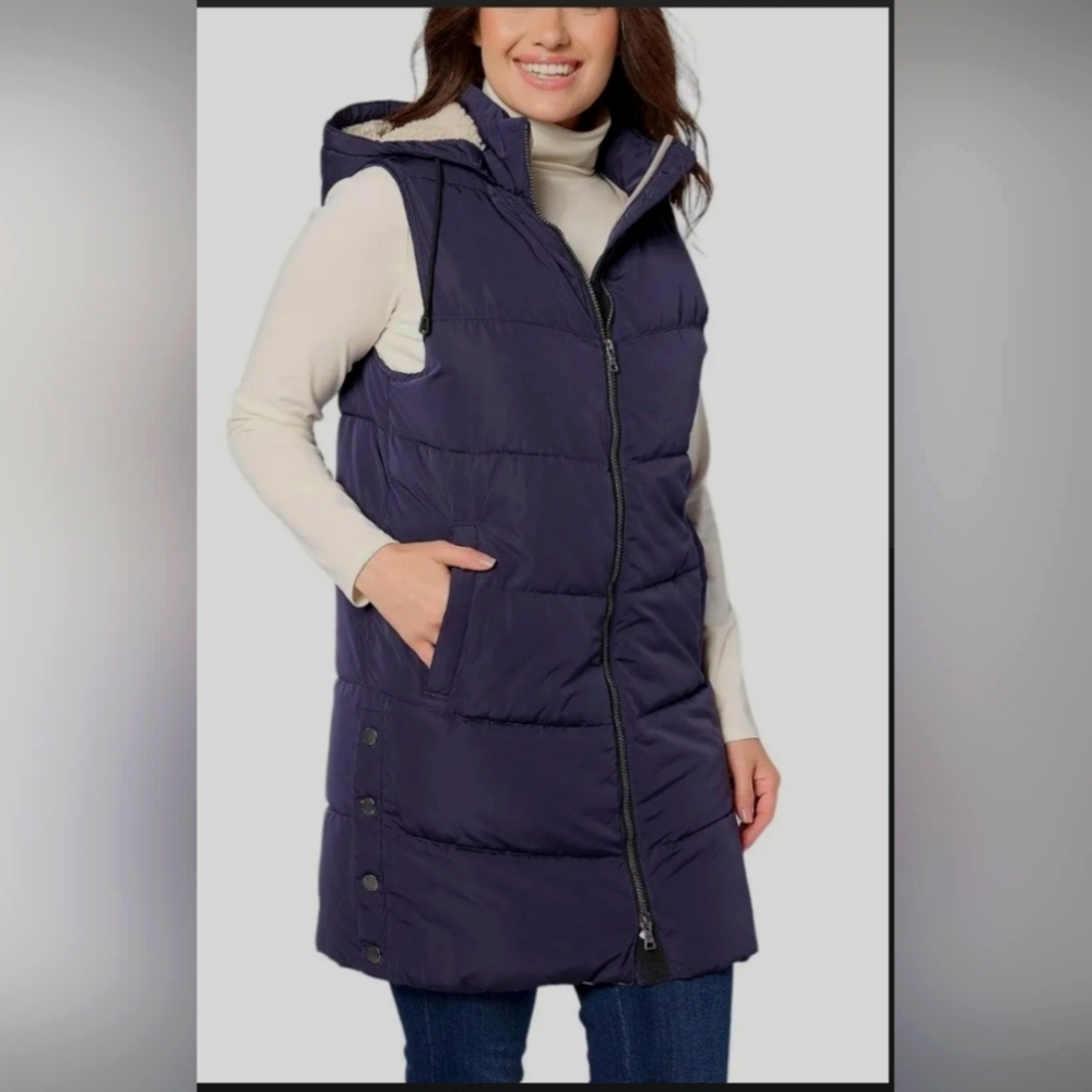Nuage Chevron Quilted Long Vest with Detachable Hood Night Sky